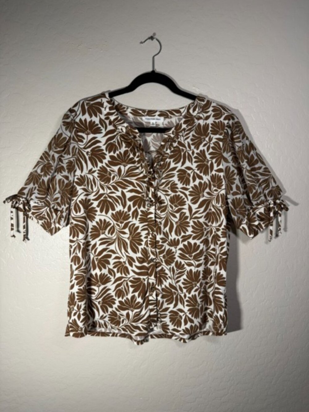 Perseption Concept Brown Floral Ruffle V-Neck Tie Sleeve Blouse / XL